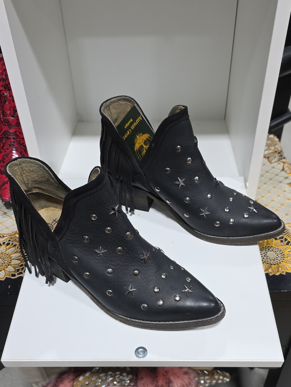 Circle G Leather  Black Studded Fringe Ankle Booties